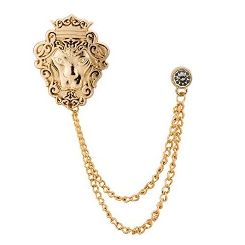 Gold Lion Head Brooch with Crown and Double Chain Rhinestone Lapel Pin